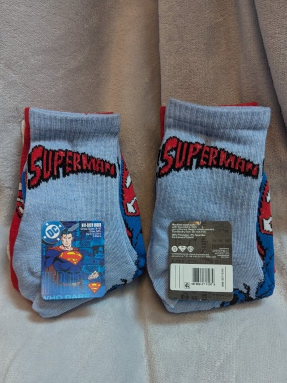 NWT Bundle of 2 Boys' Warner Bros. Crew Superman Socks 3 pack - M/L (sizes 3-10)